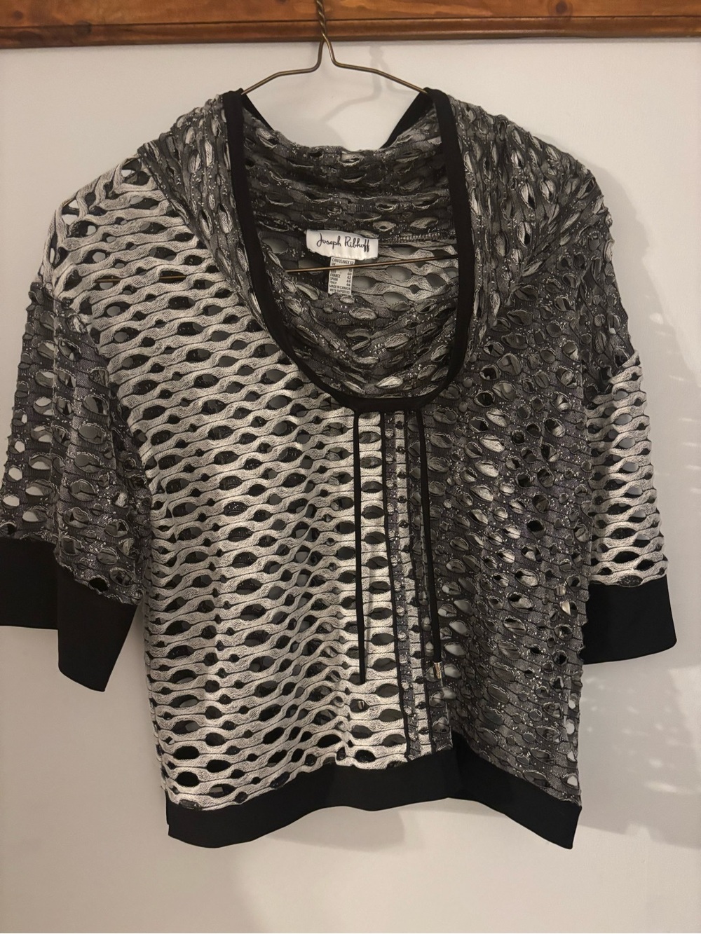 Joseph Ribkoff Black and Silver Open-Weave Short Sleeve Sweater
